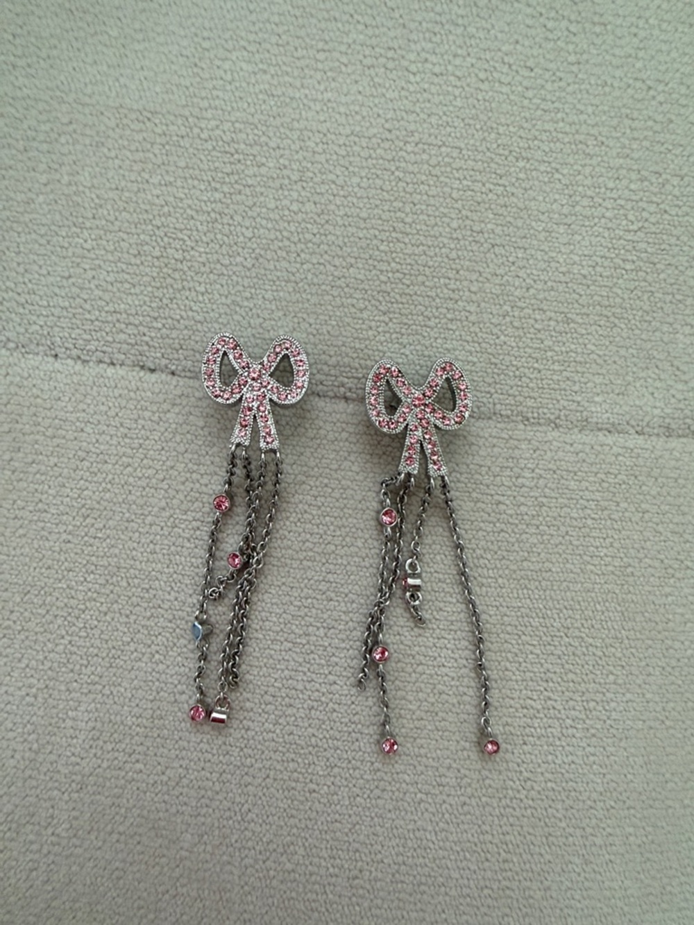 Coach Pink Crystal Bow Drop Earrings with Chain Tassels